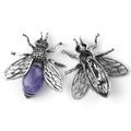Vintage silver bee brooch with oval purple gemstone inlay and secure pin clasp - Amethyst