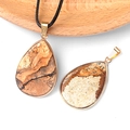 Natural picture stone waterdrop pendant with gold plated rim and black cord necklace - Jasper