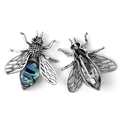 Vintage silver bee brooch with colorful abalone shell inlay, front and back views - Abalone Shell