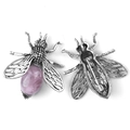 Vintage silver bee brooch with pink crystal stone and butterfly clasp backing details - Rose Quartz