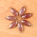 Pink oval faceted crystal gemstone connectors with gold-plated double loops for DIY jewelry - Strawberry Quartz