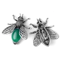 Vintage silver bee brooch and pendant with green gemstone in front and back views - Malaysian Jade
