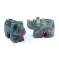 Pair of carved bloodstone rhino figurines with natural dark green and red patterns - African Blood Stone