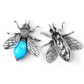 Vintage silver bee brooch pendant with blue stone inlay and hollow mesh wings - Synthetic Blue Turquoise