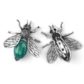 Antique silver bee brooch with green malachite stone and hollow wing pattern - Synthetic Malachite