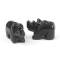 Pair of hand-carved black obsidian rhinoceros figurines with polished muscle detail - Obsidian