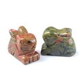 Pair of hand-carved unakite crystal rabbits with natural green and pink textures - Unakite