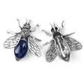 Vintage bee brooch with blue sandstone and antique silver finish showing front and back - Synthetic Blue Goldstone