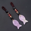 Purple crystal fish keychain with hand-woven cord and natural wood bead charms - Lilac Stone