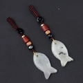 Light gray speckled stone fish keychain with vintage woven rope and wood beads - Labradorite