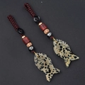 Ethnic fish-shaped keychain with yellow dalmatian stone and red wooden beads decoration - Dalmatian Jasper