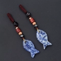 Handwoven blue crystal agate fish keychain with red cord and ethnic wood beads - Blue Spot Stone