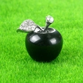 Handcrafted black obsidian apple sculpture with sparkling silver rhinestone leaf and stem - Obsidian