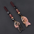 Handcrafted fish keychain set featuring pink and black natural crystal stones and wood beads - Rhodonite