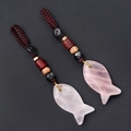Handcrafted rose quartz fish pendants with dark red braided cords and decorative beads - Rose Quartz