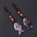 Handcrafted purple amethyst fish pendants with brown woven cord and decorative beads - Purple Crystal