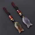 Handcrafted fish pendant in natural agate with vintage braided cord and wood beads - India Agate