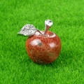 Mini crystal apple decor in red spotted stone with silver leaf on green grass - Red Jasper