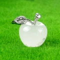 Polished white crystal apple ornament with sparkling silver rhinestone leaf and stem - White Crystal
