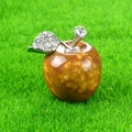 Brown marble apple figurine with rhinestone leaf on green lawn, decorative crystal ornament - Yellow Jasper