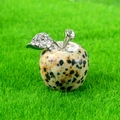 Spotted natural stone apple figurine with silver crystal leaf for Christmas decor - Dalmatian Jasper