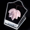 Pink quartz maple leaf pendant with detailed leaf veins on a red woven cord necklace - Rose Quartz