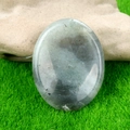 Pietra labradorite grigia lucida con trama naturale su uno sfondo di verde - Labradorite