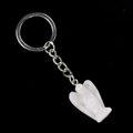 Pink translucent stone carved angel keychain with silver metal ring on black background - Rose Quartz