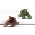 Engraved natural gemstone dolphin figurines in dark red and green polished stone - India Agate