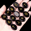 Handcrafted black obsidian rune stones with gold engraved witch symbols in a set - 13 Pieces/Pack / Obsidian (1712)