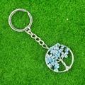 Light blue natural stone Tree of Life keychain with woven silver wire and small crystals - Aquamarine
