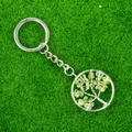 Silver tree of life keychain with green peridot stones on a grass background - Peridot