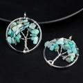 Pendentif Arbre de Vie en fil argenté avec des éclats de cristal bleu clair - Amazonite