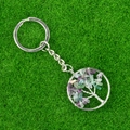 Tree of Life keychain with natural purple and green gemstone chips and silver wire weaving - Fluorite
