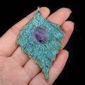 Vintage maple leaf pendant with green patina and inlaid purple amethyst crystal - Purple Crystal Style (No. 2)