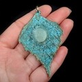 Vintage maple leaf pendant with green patina finish and round green gemstone inlay - Light Green Crystal Cluster Style (No. 4)