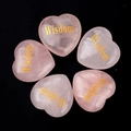 Set of five heart-shaped pink rose quartz stones with golden Wisdom engraving - Wisdom