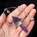 Amethyst crystal pyramid hexagonal pendulum pendant with silver chain and carved metal beads - Amethyst