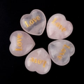Set of five heart-shaped natural rose quartz stones with gold Love engraving - LOVE