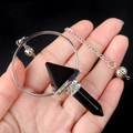 Polished black obsidian hexagonal prism pendulum pendant with silver metal detailing - Obsidian