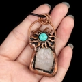 Bohemian copper pendant with sun-embossed turquoise and raw white crystal stone - White Crystal