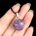 Purple natural amethyst stone planet pendant with silver ring on black cord necklace - Planet Shape (1926) / Amethyst
