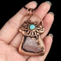 Retro copper necklace with sun-set turquoise and natural pink crystal raw stone - Rose Quartz