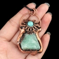Vintage bronze sun necklace with natural green raw stone and blue turquoise inlay - Green Aventurine