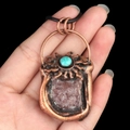 Vintage bronze sun necklace with turquoise bead and irregular red crystal pendant - Strawberry Quartz