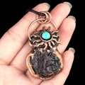 Vintage bronze sun necklace with turquoise inlay and black stone pendant charm - Black Tourmaline