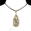 Dalmatian Jasper teardrop pendant necklace with golden border on black cord - Dalmatian Jasper