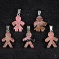 Pink natural agate crystal pendants in boy and girl shapes with silver metal clasps - Rhodonite
