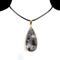 Teardrop labradorite stone pendant with gold-plated trim on a black cord necklace - Larvikite