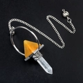 Silver pendulum pendant with yellow crystal top and white quartz hexagonal column - Topaz and Clear Quartz